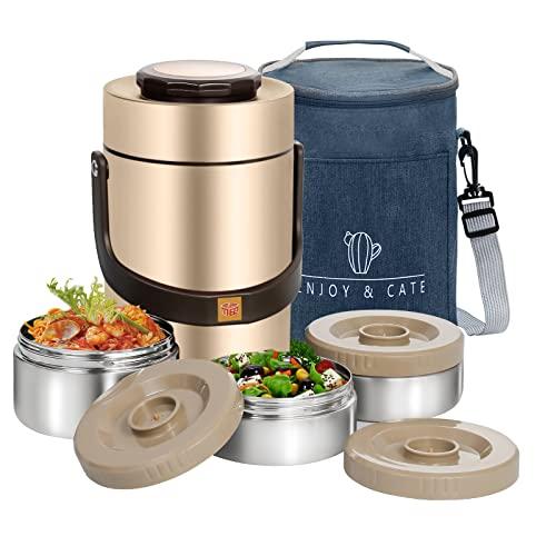 Pawovdeq 67 oz Adults Stainless Steel Vacuum Insulated Wide Mouth Soup Food Thermo Hot Food Jar with Keep Thermal Portable 3 Tier Stackable Bento Hot Food Containers Lunch Boxes (67 oz Gold)
