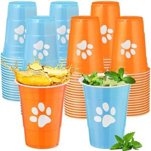 Mimorou 57 Pcs Disposable Puppy Dog Paw Print Cups, 16 oz Light Blue Orange Plastic Cups Birthday Baby Shower Camping Party Supplies Party Decoration for Beer Ice Coffee Soda Smoothie Juice