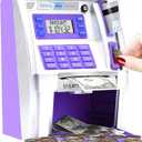 Fishboy ATM Piggy Bank for Kids with Power-Off Memory and Debit Card for Real Money, Onekey Shutdown, Coin Recognition, Target Setting, Bill Feeder, Balance Calculator, Electronic Savings Machine Box (Silver/Purple)