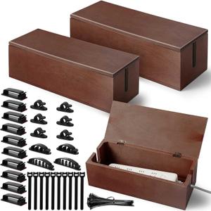 3 Pcs 3 Size Wooden Cable Box Organizer Set with 130 Pcs Cable Management Kit, Desk Cord Hider Cord Holder to Hide Wires Power Strips(Walnut Color)