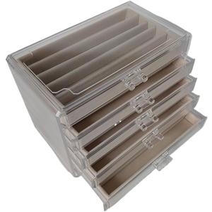 Clear Necklace Holder Organizer, 5-Layer Dustproof Acrylic Pendant Display Storage Case with Lid, Velvet Jewelry Box with Adjustable 25 Compartments, Necklace Tray Drawer for Earring Chains (Beige)