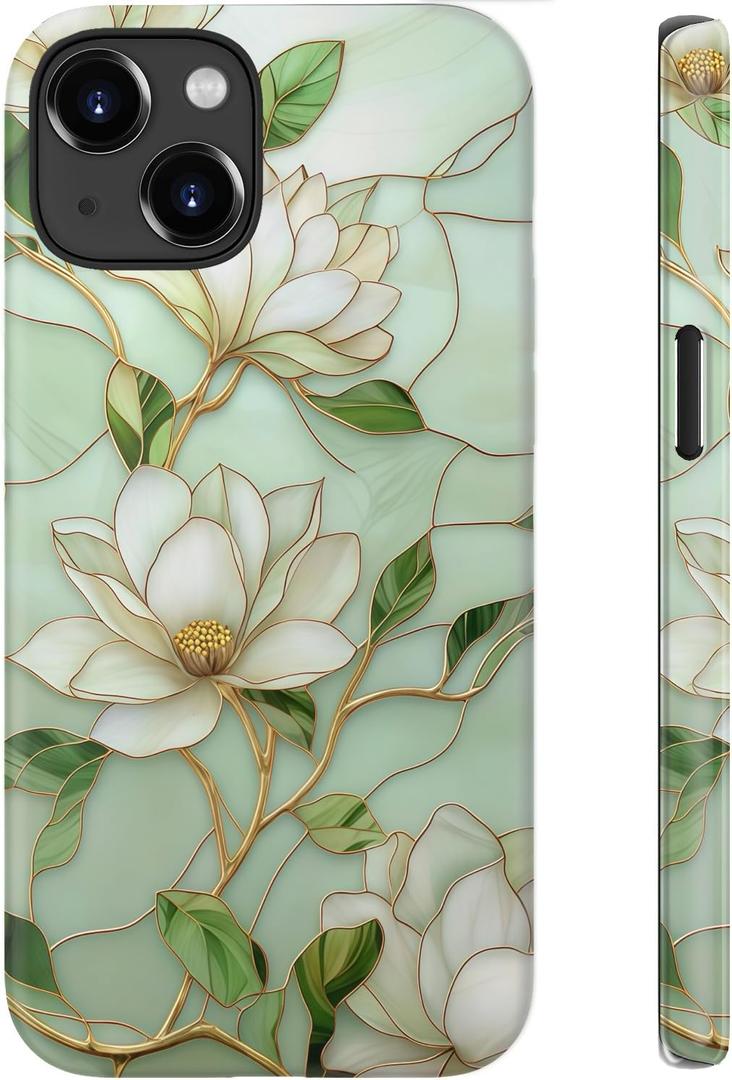 for iPhone 13 Case Cute - Wireless Charging Compatible - Dual-Layer Hard Shell + Silicone Cover - Aesthetic Protective Phone Case for Women - Vintage Magnolia Flowers