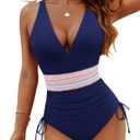 Blooming Jelly Women Tummy Control Swimsuits One Piece Slimming Modest Bathing Suit Color Block Drawstring Swim Suits (Medium, Navy Blue)