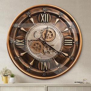 October Elf 24 Inch Wall Clock with Moving Gears Large Industrial Steampunk Metal Clock Antique Gold Oversized Farmhouse Decor Wall Clock for Living Room Home Office(Brown with Roman Numerals)