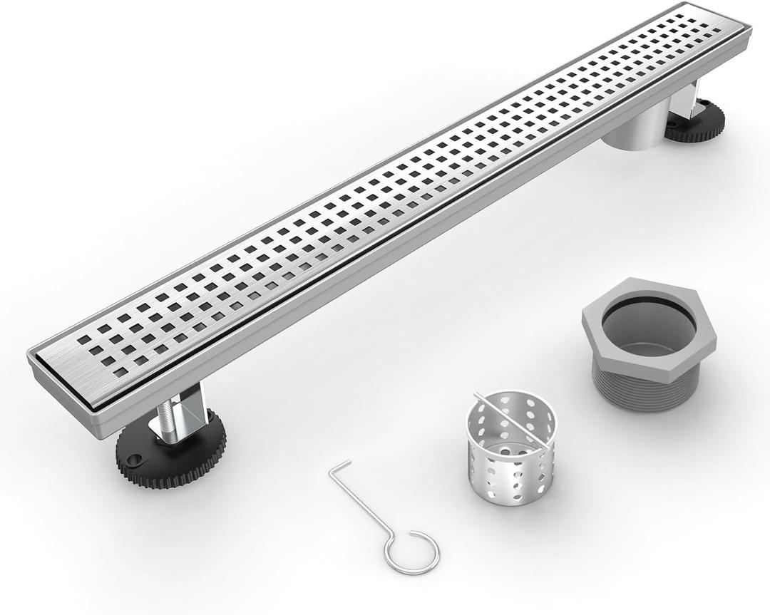 Shower Drain Offset Outlet for Bathroom: 24-Inch Brushed Nickel Linear Shower Drain with Removable Grate - 304 Stainless Steel Shower Floor Drain Side Outlet with Hair Catcher, Adjustable Feet