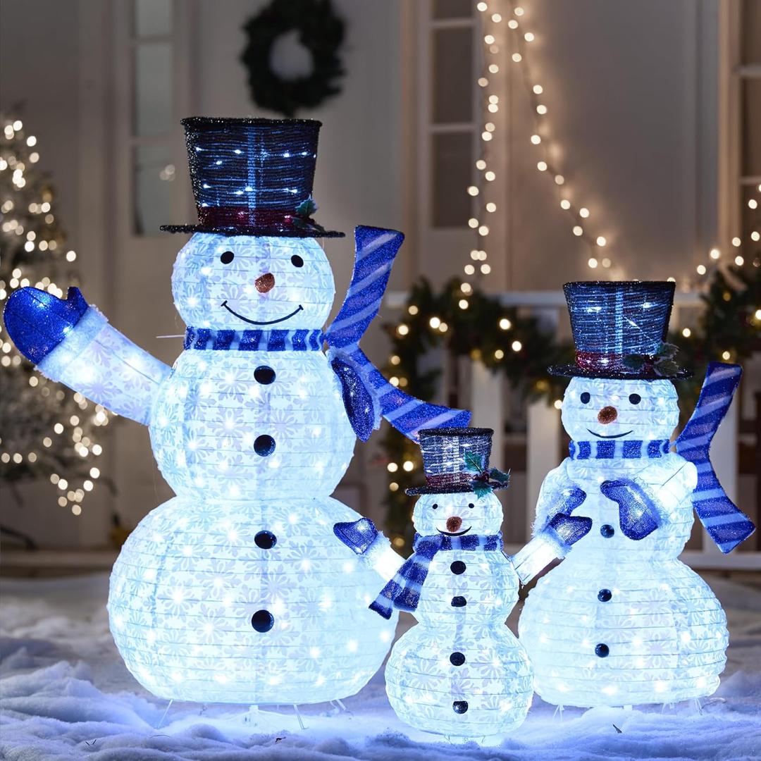 JOIEDOMI 3 Pcs 3D Christmas Collapsible Snowman Yard Light 270 Pre-Lit LED Cool White Lights for Indoor Outdoor Garden Holiday Dcor, Xmas Event Decoration, Christmas Eve Night, Blue Scarf