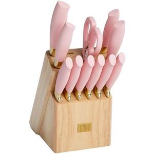 Paris Hilton 12-Piece Knife Set with Block, High-Carbon Stainless Steel Cutlery, Precision Blades and Ergonomic Handles Kitchen Knife Set, Pink