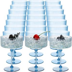 Jingmore 24 Pcs Ribbed Martini Glasses 10 oz Disposable Plastic Vintage Ribbed Coupe Glasses Unbreakable Dessert Parfait Glassware for Wedding Birthday Party Supplies (Blue)