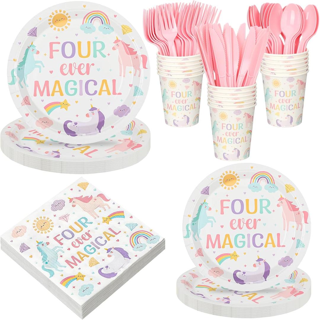 Rtteri 168 Pcs Unicorn 4th Birthday Party Tableware Magical Pastel Rainbow Unicorn Disposable Tableware Set with Plates Napkins Cups Knives Spoons Forks Happy Birthday Party Supplies Serves 24 Guests