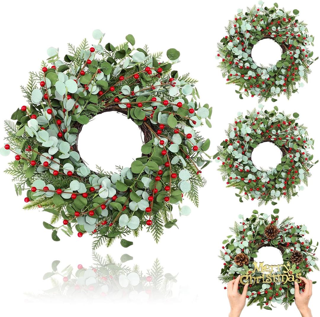 Zeyune 4 Pcs Christmas DIY Green Wreath 14 Inch Artificial Christmas Wreaths Faux Plain Wreaths for Decorating Front Door Window Room Farmhouse Xmas Party Indoor Outdoor (Chic Style)