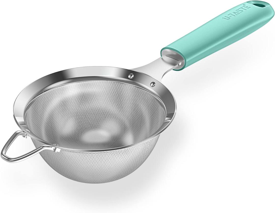 18/8 Stainless Steel Mesh Strainer: U-Taste 3.9 Inch Kitchen Fine Mesh Sieve Food Colander with Riveted Sturdy Silicone Handle and 30 Mesh Hole for Straining Flour, Quinoa, Tea, Juice (Aqua Sky) (Small (3.9*11.1in))