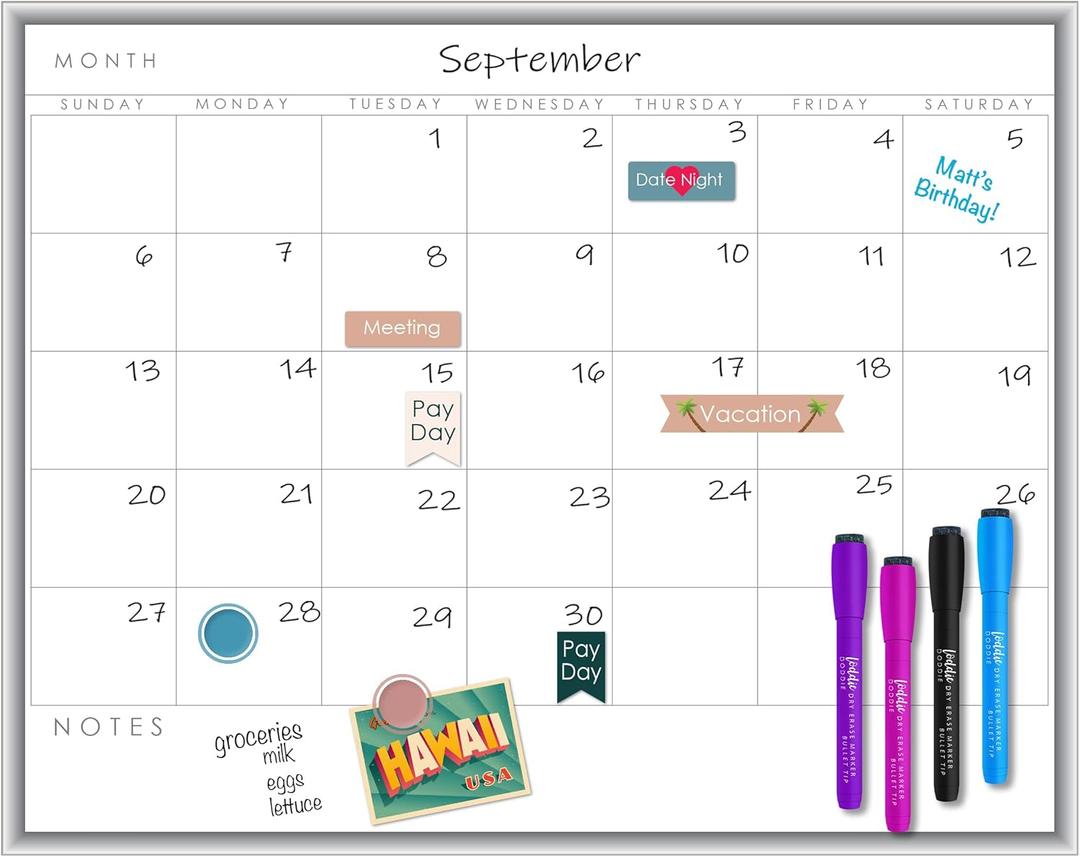 Loddie Doddie Magnetic Dry Erase Calendar Whiteboard - 17 x 23 in Aluminum Frame - Spacious Monthly Planner Grid - Fridge Magnet & Wall Calendar Mount - Dry Erase Markers & Magnets