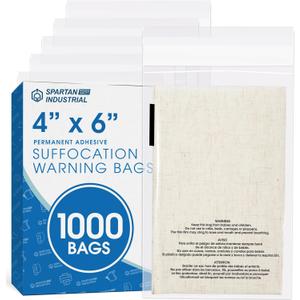 Spartan Industrial - 4 X 6 (1000 Count) Self Seal Clear Poly Bags with Suffocation Warning for Retail Packaging, Shipping - Permanent Adhesive