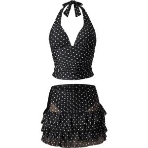 Floerns Women's 3 Piece Polka Dots Tankini Sets Backless Halter Swimsuit Layered Ruffle Bathing Suit (Black, M)