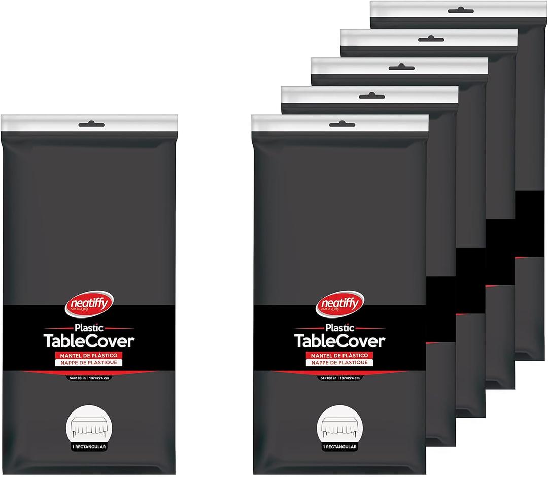 Neatiffy 54 x 108 Inch 6 Pack Rectangle Plastic Table Cloth Picnic/Camping/Party/Banquet Table Cover. Disposable/Reusable Tablecloths -Black