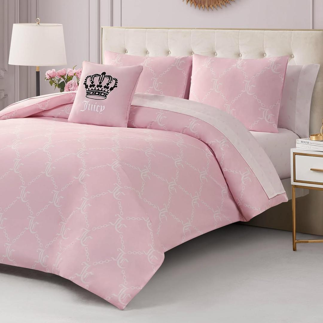Juicy Couture Light Pink/White Link Logo Printed Comforter Set, Queen – Complete 8-Piece Bed in a Bag Collection