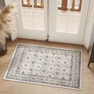 jinchan 7ft Vintage Floral Round Rug, Circle Washable Rug, Beige