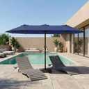15FT Patio Umbrella with Solar Lights, Double-Sided Extra Large Outdoor Table Umbrella with Base Included, Heavy-Duty 12 Iron Ribs Market Umbrella for Garden, Pool, Backyard, Navy Blue
