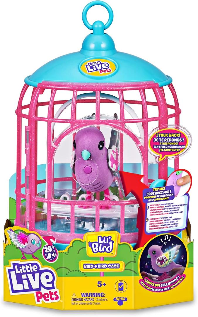 Little Live Pets - Talking Bird Cage Interactive Pet with 20+ Sounds and Reactions, Repeat What You Say, with Storage Box, for Boys and Girls Ages 5, Famous (LPB15000)