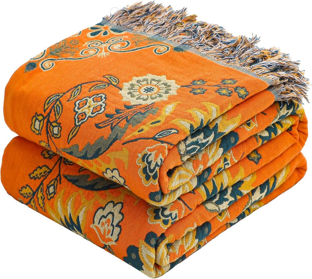 VANJOROY Boho Large Throw Blanket, 100% Organic Muslin Cotton Breathable Soft Bed Throw - Floral Farmhouse Decor Blanket for Sofa Couch Chair and Gift. 80" x 90"- Orange (Flower-art-red)