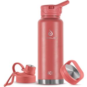 IDEUS Insulated Stainless Steel Water Bottle with 2 Leak-Proof Lids, Thermal Water Flask for Hiking Biking, 40oz, Red