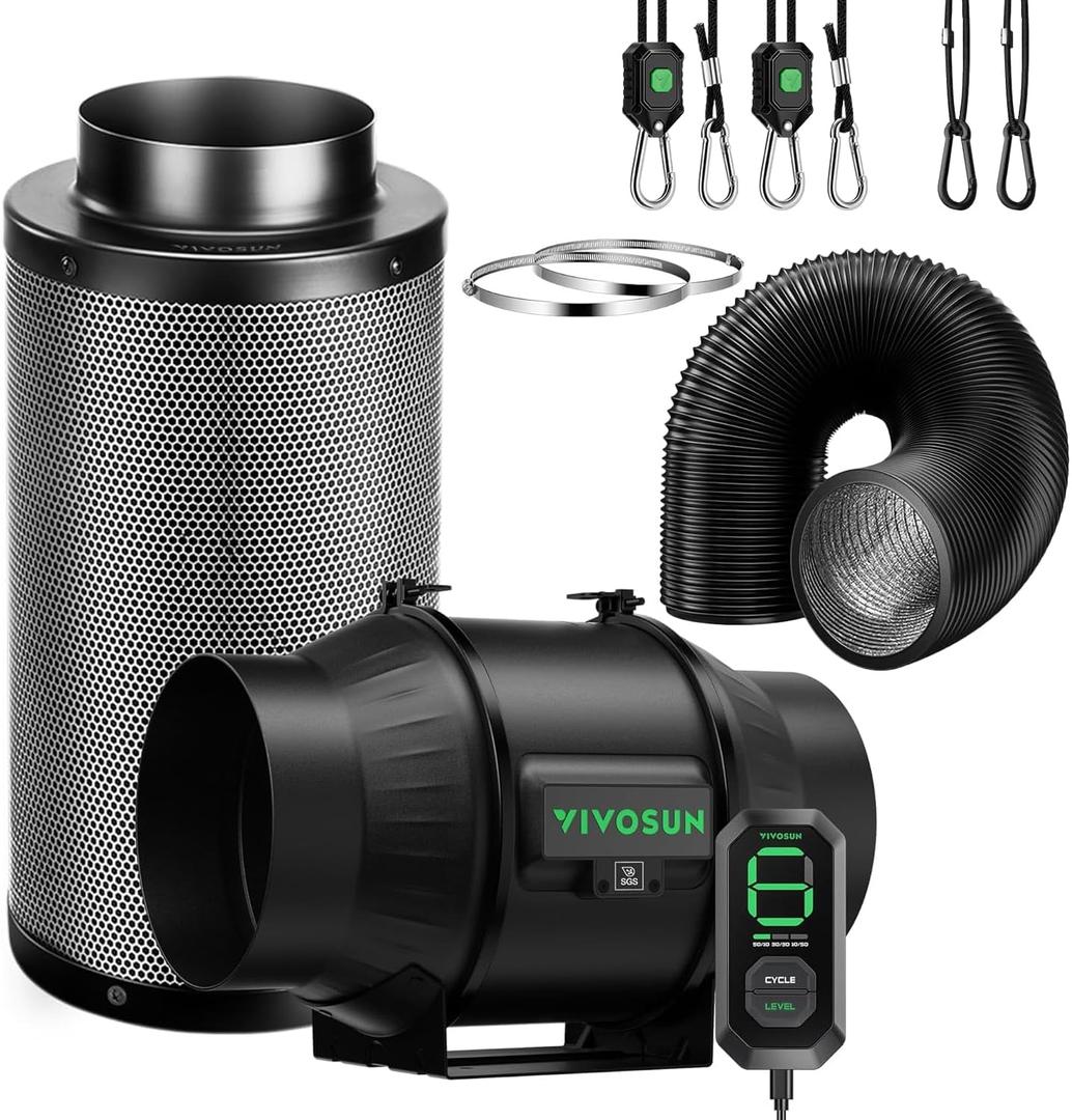 VIVOSUN Smart Air Filtration T6 Kit 6", AeroZesh T6 Inline Duct Fan with E12 Speed Controller, Carbon Filter & 8' Ducting, Cooling & Ventilation System for Grow Tents, Indoor Gardening, Hydroponics (Black)