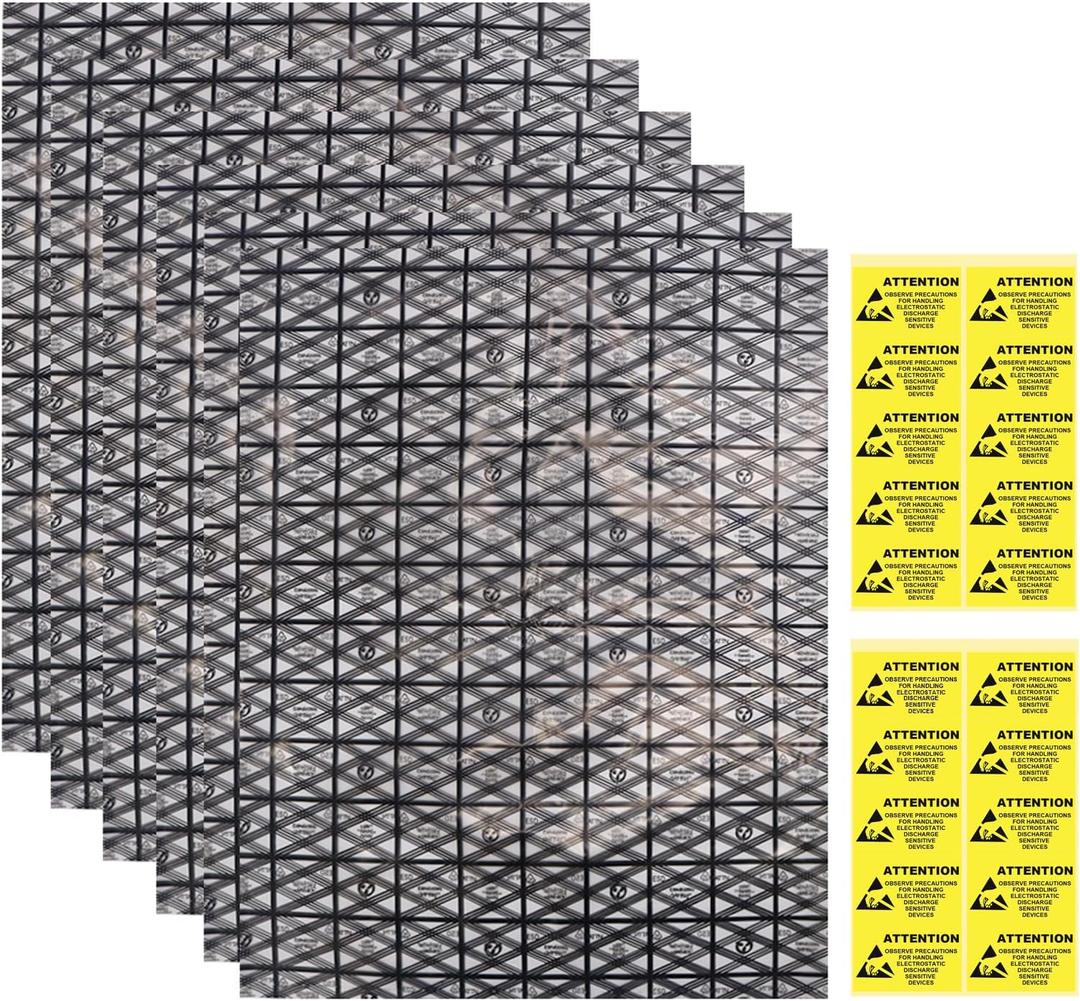 HRX Package 20pcs Large Premium Anti Static Bags with Antistatic Sticker, 12 X 16 inches Open Top ESD Shielding Anti-static Bag for Motherboard SSD HDD Hard Drive (black grid)