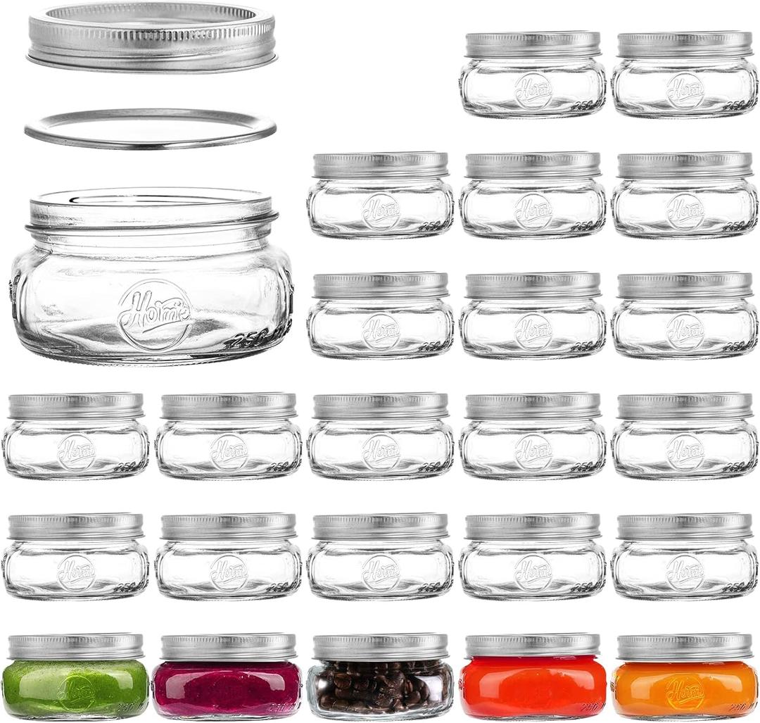 Tebery 24 Pack Home Glass Mason Jars with Silver Metal Lids and Bands, 7.6 OZ Wide Mouth Glass Canning Jars for for Canning, Preserving, Meal Prep, Overnight Oats, Jam, Jelly