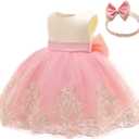 Toddler Girls Lace Bowknot Dresses Baby Embroidery Gown Dress with Headwear 120
