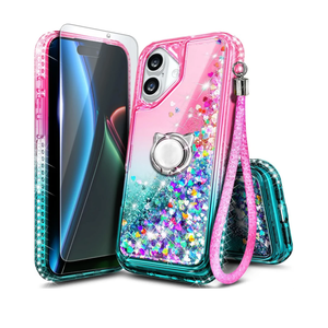 NGB Designed for iPhone 17 Case, Pink/Aqua | Glitter Liquid Sparkle Cute Phone Cover for Women Girls Kids | with Tempered Glass Screen Protector & Ring Holder & Wrist Strap Lanyard