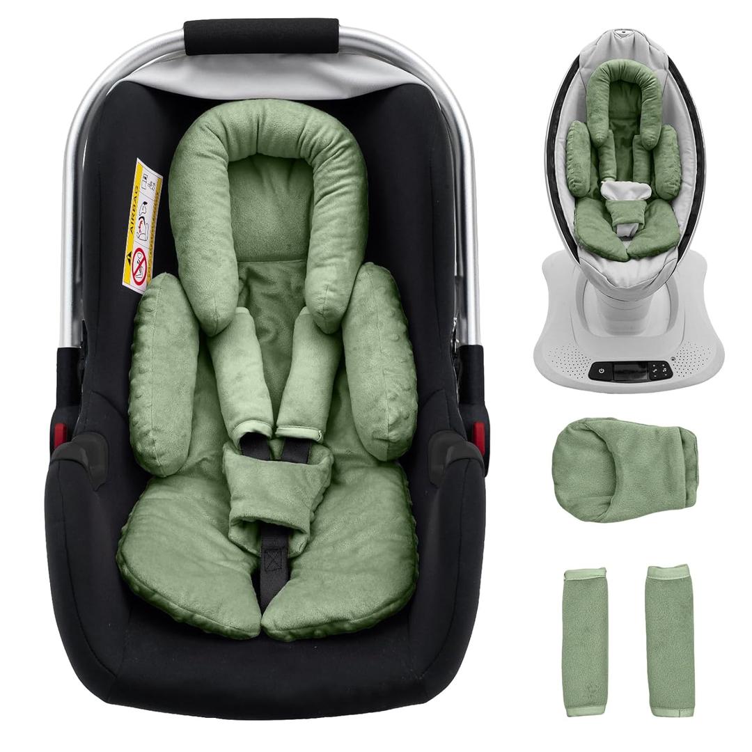 Infant Car Seat Head Support with Extra Shoulder Covers Set, Thickened Carseat Cushion for Baby, Breathable Newborn Carseat Insert for Stroller Swing (Green)