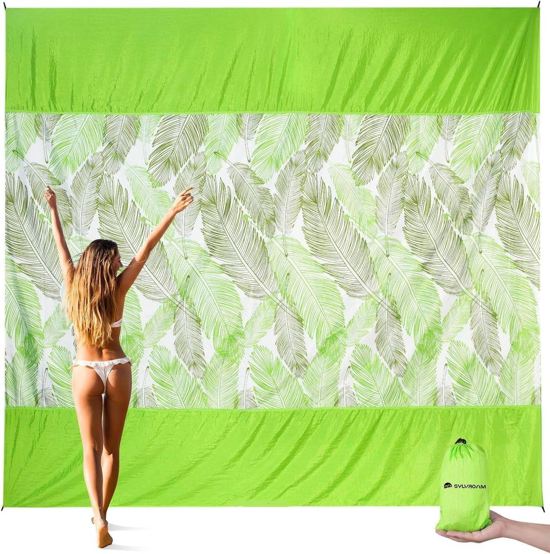 3 x Beach Blanket Waterproof, Sandproof Mat with Portable Bag for Picnic, Nylon Mat, Quick Drying, Lightweight with 4 Stakes & 3 Water Bags, Use as Children's Pool (Green) (80"*80" (1-5 Person))