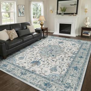 RELEANY Washable Area Rug, 8'x10', Blue/ White/ Gray