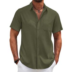 COOFANDY Men's Cotton Linen Shirts Short Sleeve Casual Shirts Summer Button Down Shirt Linen Beach Vacation Shirt (Large, Army Green)