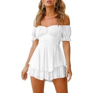 Fixmatti Women Boho Romper Off Shoulder Ruffle Chiffon Shorts Jumpsuit Playsuits L/XL