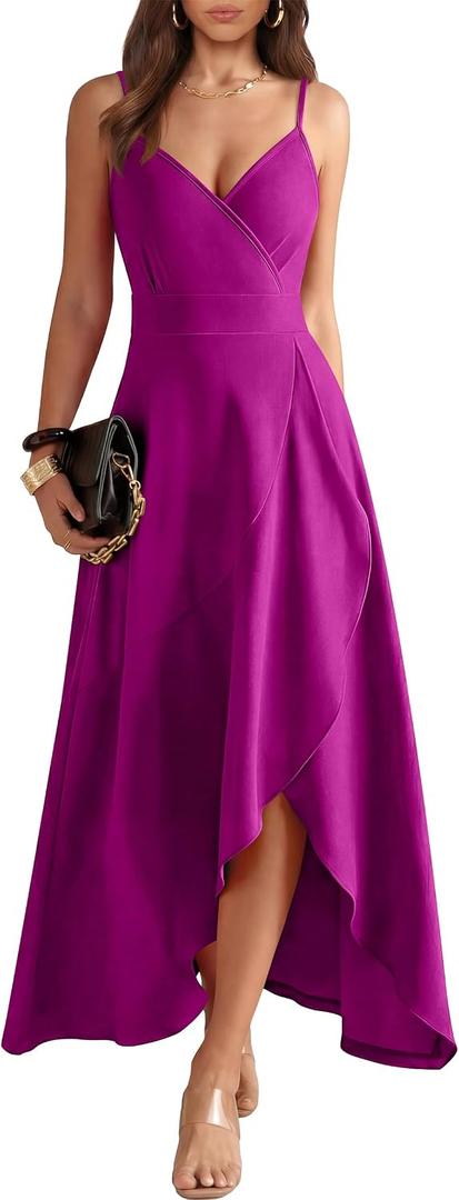 ANRABESS Formal Dresses for Women Evening Party Cocktail Long Dress Split Elegant V Neck Wrap Ruffle Wedding Guest Dresses (Pink, XL)