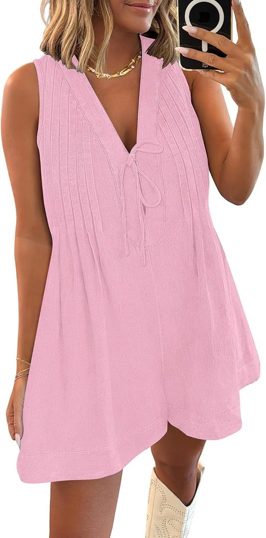 Caracilia Women Oversized Denim Romper Summer Casual V Neck Tie Front Sleeveless Jean Jumpsuits Short Overalls with Pockets (Large, Pink)