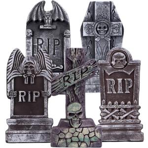 17" Halloween Foam RIP Graveyard Tombstones, 5 Pack Tombstone with 10 Metal Stakes for Halloween Decorations