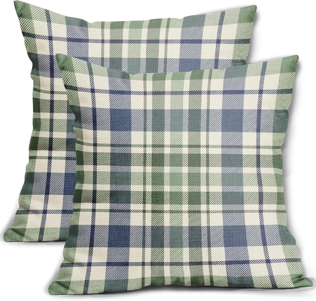 Blue Sage Green Spring Plaid Pillow Covers 20x20 Set of 2 Seasonal Tartan Buffalo Plaid Holiday Print Decorative Outdoor Pillowcases Farmhouse Summer Throw Cushion Case Couch Sofa Bed Decor