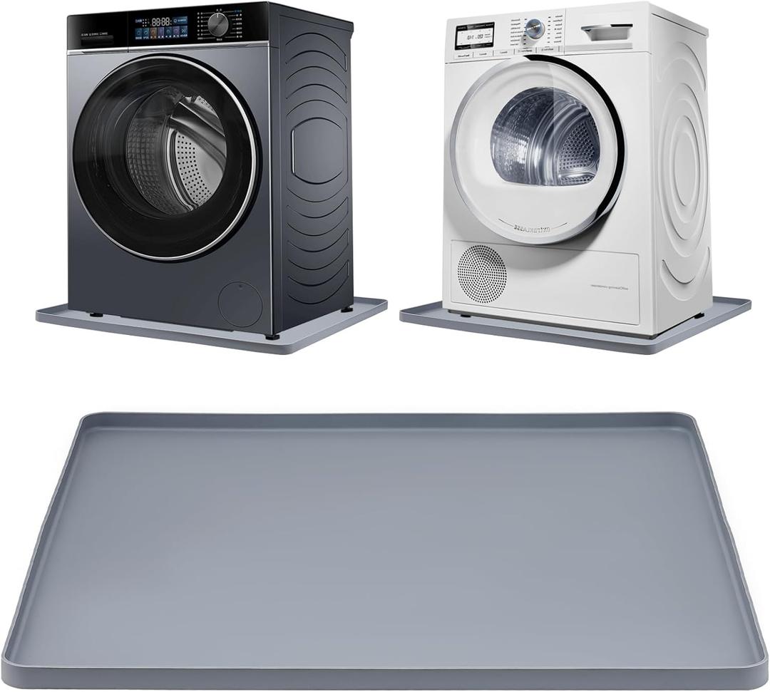 Washing Machine Drip Pan, 27 x 27 Inch Washer Drain Pan, Prevent Water Leakage and Protect Floor, Non-Slip & Anti-Vibration Silicone Mat with Raised Edge, Multi-function Soft Foldable Waterproof Mat (Grey)