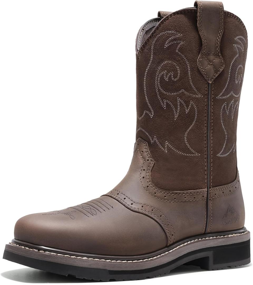 NORTIV 8 Steel Toe Cowboy Boots for Men Western Square Toe Leather Work Boots with Hazard Protection, for Construction Farming Bronco Trailblazer (10, Dark Brown)
