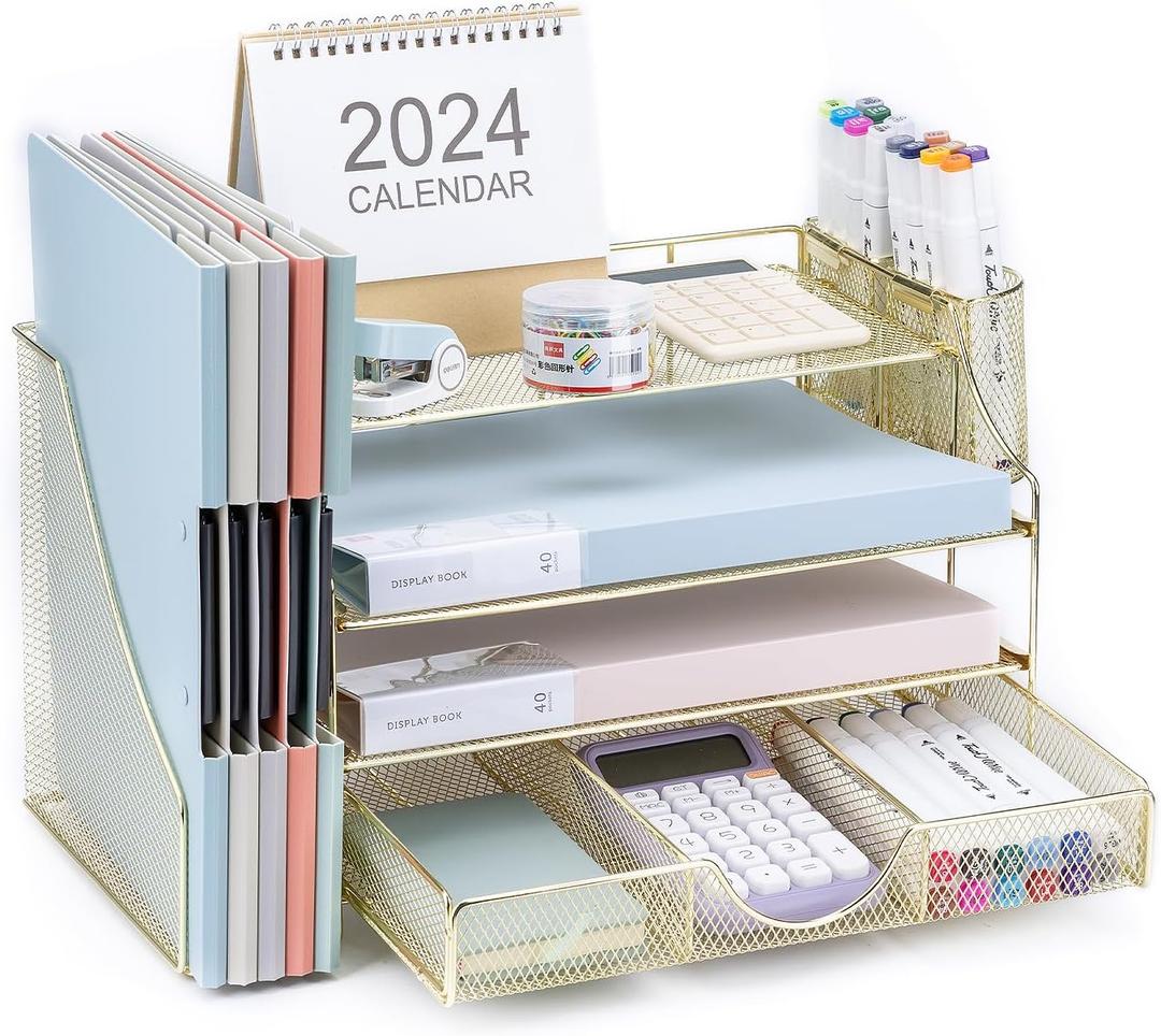 Desk Organizer with File Holder, 4-Tier Letter Paper Tray Organizer with Drawer and 2 Pen Holder, Mesh File Organizer and Storage for Office Desk Organization and Accessories - Gold