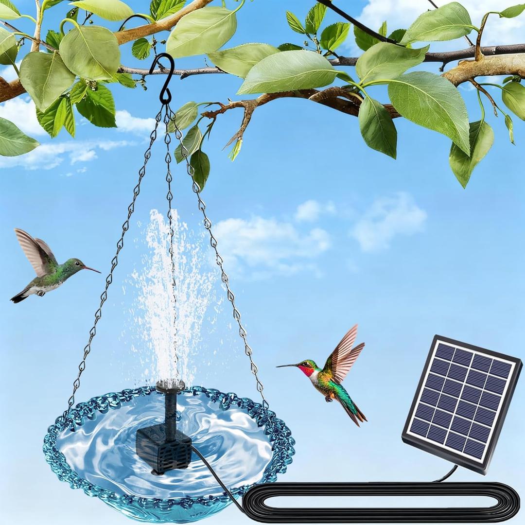 Solar Bird Bath Hanging with Fountain for Outdoors, Solar Powered Hanging Outdoor Water Fountain, Bird Bath with Solar Fountain for Garden, Patio, Yard, Deck (Blue)