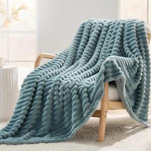 Dusty Blue Striped Throw Blanket, 330GSM Soft Plush Fleece Blanket for Couch Sofa Bed, Decorative Cozy Giftable Home Blanket, 50x60 Inches