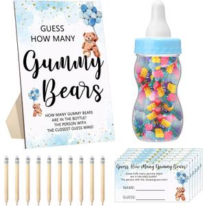 Qilery 122 Pcs Baby Shower Games Guess How Many Bears 100 Guessing Cards 20 Pencils 1 Bottle 1 Wood Standing Sign for Baby Shower Games Gender Reveal Party Decoration(Blue)