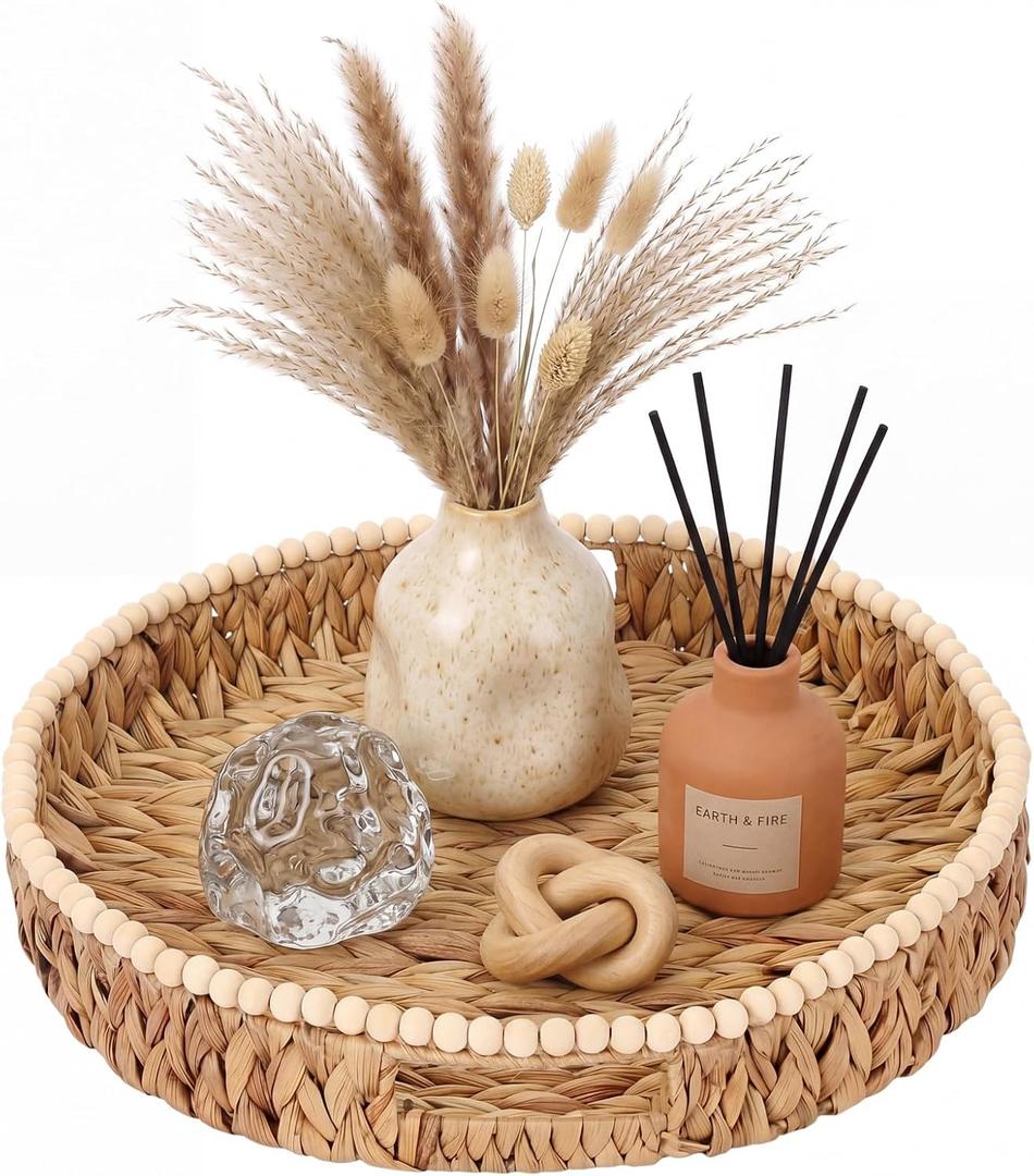 Round Wicker Tray 16'' Water Hyacinth Woven Tray with Handles Decorative Large Serving Trays for Coffee Table for Kitchen, Living Room, Bedroom Home Decor(Water Hyacinth)