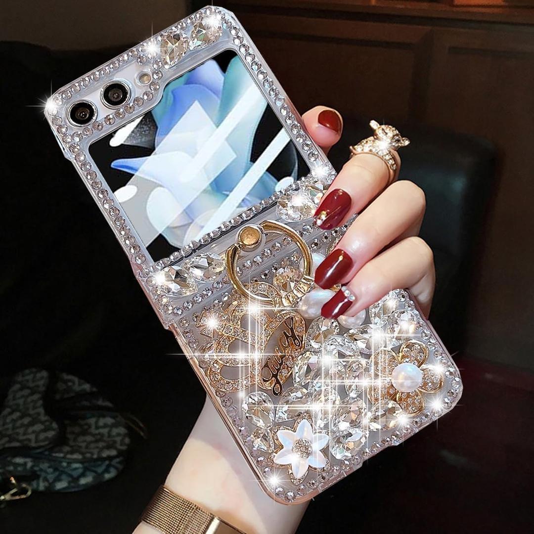 for Samsung Galaxy Z Flip 6 Glitter Case with Hinge Protection Ring Holder,Cute Luxury 3D Crown Bling Sparkle Crystal Rhinestone Diamond Gems Women Girls Case for Galaxy Z Flip 6 5G (Silver)