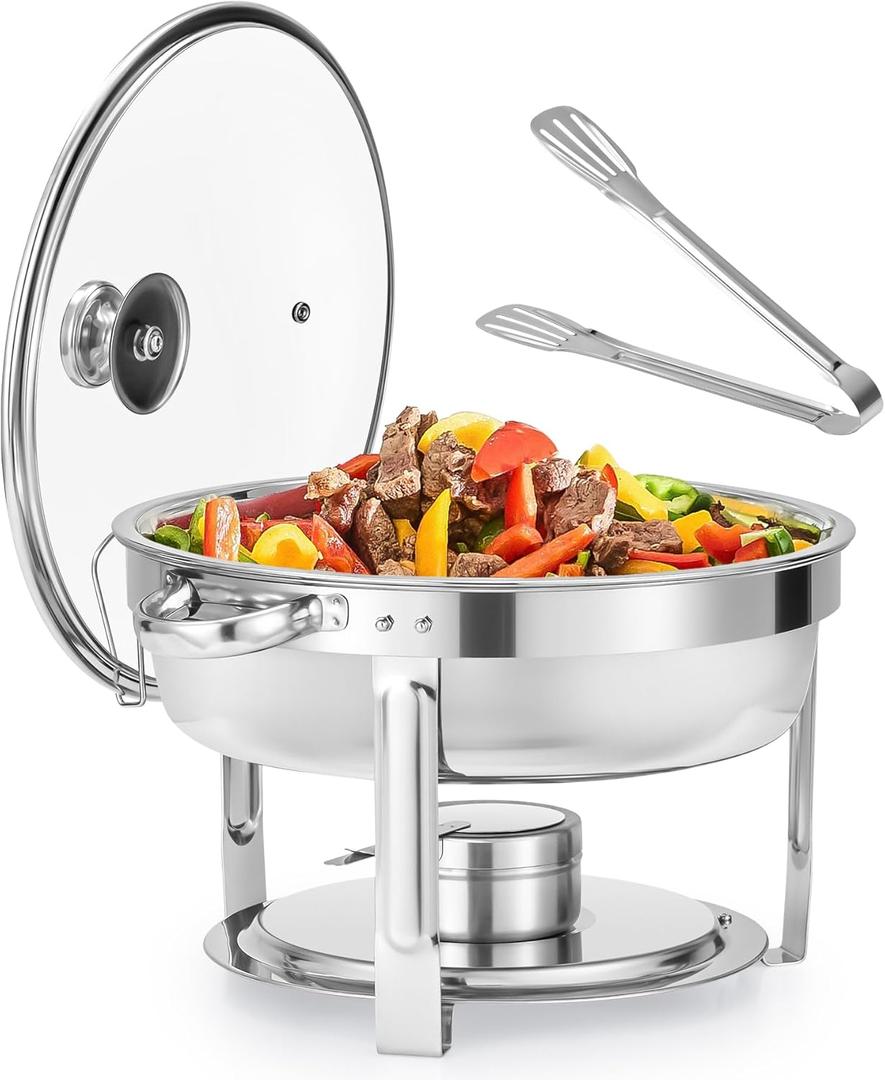 WILPREP Chafing Dish Buffet Set, 6 qt Round Chafer for Catering with Glass Lid & Lid Holder Water Food Pan Fuel Holder, Food Grade Stainless Steel Food Warmer for Parties Buffets Banquets Dinners
