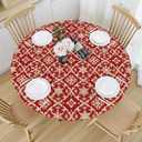 Christmas Round Fitted Tablecloth with Elastic for 40-44 Inch Tables Red Gold Snowflake Block Print Winter Fitted Table Cover Waterproof Holiday Theme Farmhouse Indoor Outdoor Patio Picnic Party