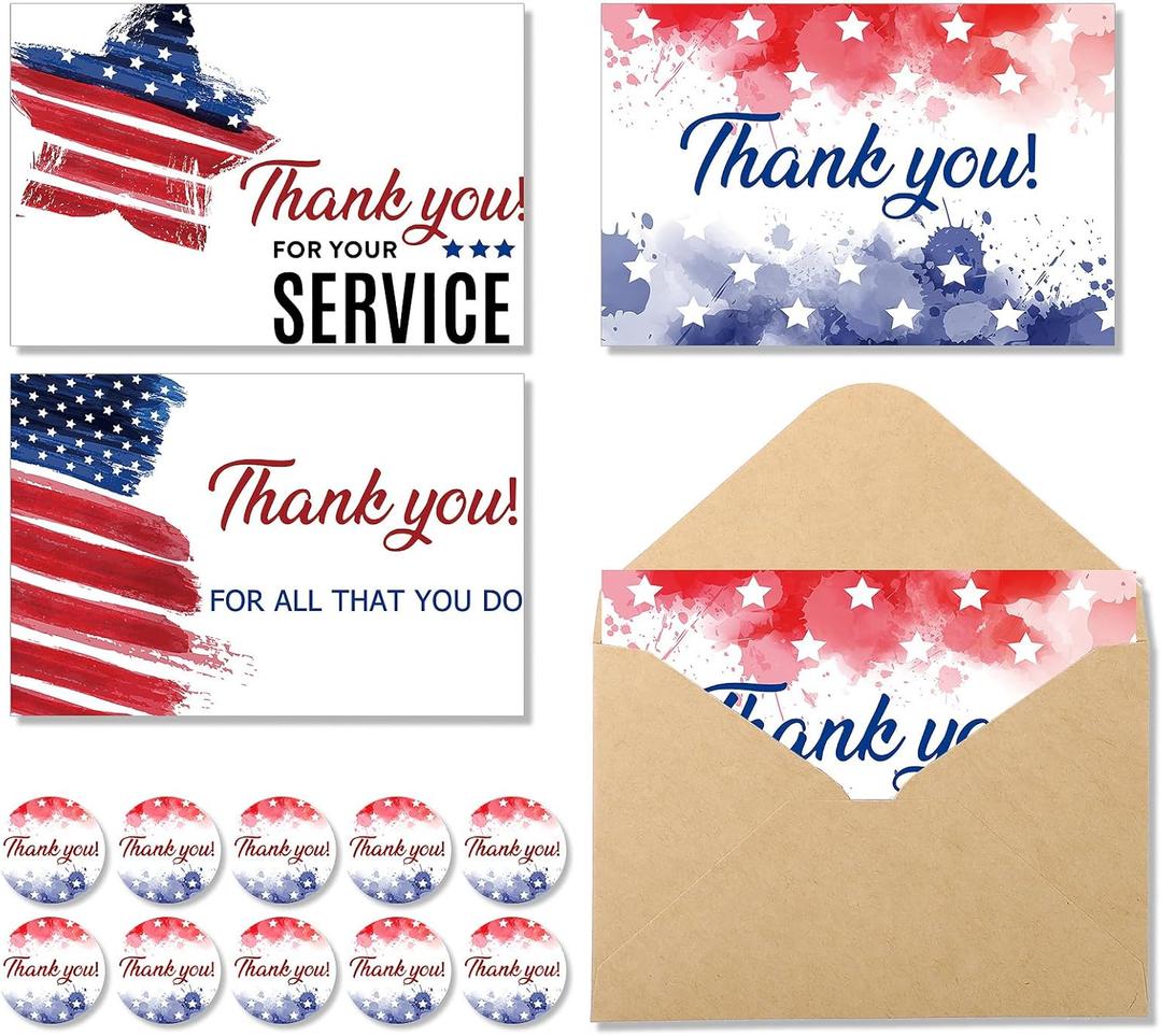 Seajan 120 Sets Veterans Day Gifts Patriotic Thank You Cards with Envelopes and Stickers American Flag Note Cards Bulk Veteran Gifts for Thanksgiving Day